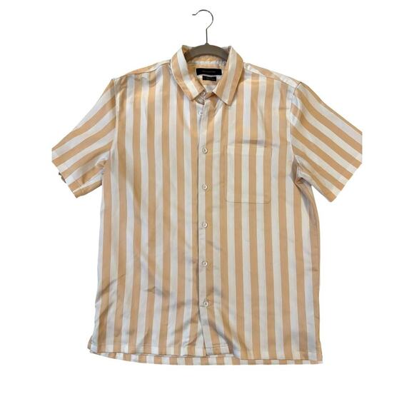 Urban Outfitters Men's Shirt Medium Beige White Stripe Short Sleeve Button Up - Picture 1 of 5